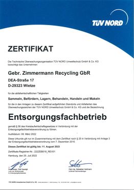 Zertifikat Entsorgungsfachbetrieb 09-2022